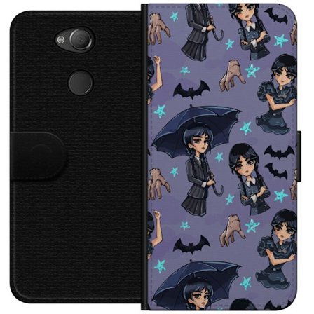 Sony Xperia XA2 Plånboksfodral Onsdag Addams affisch tecknad lila bakgrund fladdermöss hand Ting gotisk söt Netflix-serie design