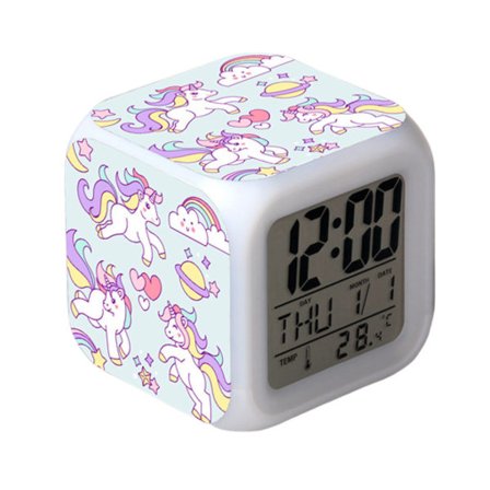 Wekity Enhjørning Fargerik Vekkerklokke LED Kvadratklokke Digital Vekkerklokke med Tid, Temperatur, Alarm, Dato