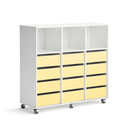 Student storage CASPER, 12 drawers, 3 upper compartments, white, yellow