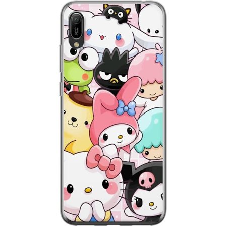 Kompatibelt Mobildeksel til Huawei Y6 Pro (2019) Tett mønster av søte figurer med store øyne i ulike farger og uttrykk med LABUBU-tekst