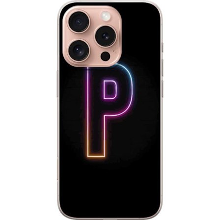 Kompatibel Mobilcover til Apple Apple iPhone 16 Pro Minimalistisk neonbogstav P i farvegradient og lyseffekt mod sort baggrund i digital neonstil