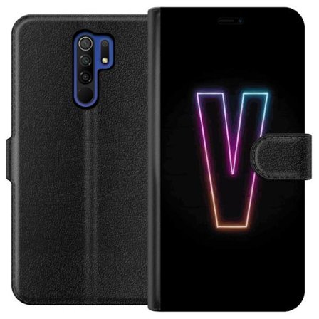 Kompatibel Tegnebogsetui til Xiaomi Xiaomi Redmi 9 Neonbogstav V i farvegradueret lys mod sort baggrund, minimalistisk design med tydelig glød og mod