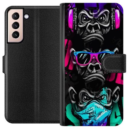 Kompatibel Tegnebogsetui til Samsung Galaxy S21 Graffiti motiv med tre aber - Hør intet ondt, se intet ondt, sig intet ondt i neonfarver