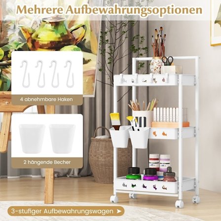 3-våningsvagn serveringsvagn med hjul köksvagn med 2 hängande koppar 42 x 29 x 83 cm vit