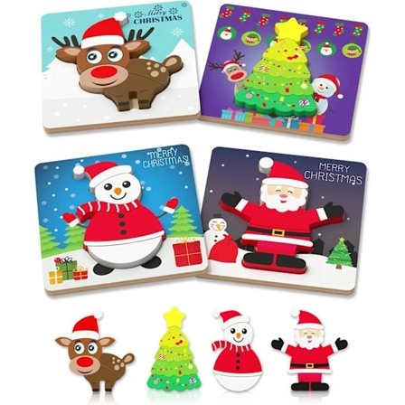 Jul Træpuslespil til Børn Småbørn Julestrømpe Fyld Jul Legetøj til 1 2 3 År Gamle Drenge Piger Babyer, Montessori Legetøj