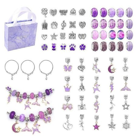 Lila armbandset för barn, handgjord, storhålsarmband med fina kristallpärlor, presentask