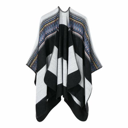Varm sjal halsduk Öppen front poncho vinterkofta med geometriskt mönster för dam