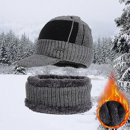 Herr Warm Winter Peaked Beanie Hat Scarf Set Fleecefodrad utomhus stickad cap