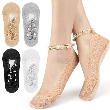 4 par kvinners ankelsokker usynlige blonder sneakers pustende ballerina sokker med sklisikker