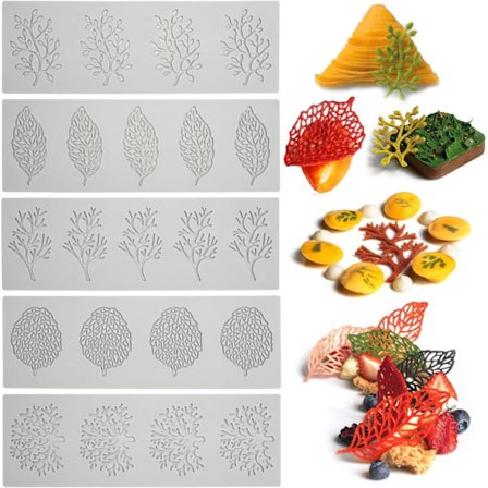 Löv Silikoneform, 5 Dele Fondantforme, Blonde Silikoneform Kagerelief, 3D Lövform til Chokolade, Gummi, Kagedekoration, Desserter