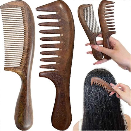 Hårkam i valnötsträ, valnötsträkam, tvåpack trähårkam, träkam med handtag, valnöt bredtandig kam för lockigt hår, handgjord kam, naturlig