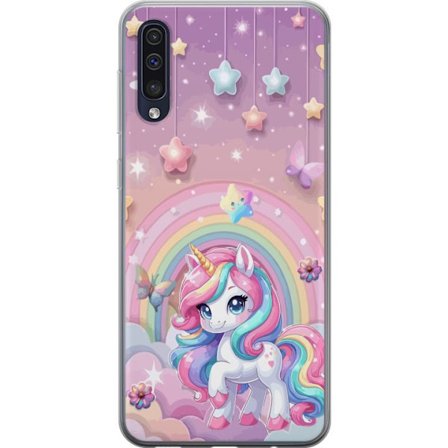 Kompatibel Mobilcover til Samsung Galaxy A50 Magisk enhjørning med regnbue manke, stjerner og sommerfugle mod en pastelfarvet himmel med skyer