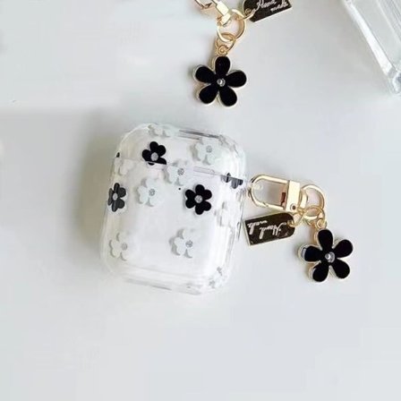 IC Airpods 2 & 1:a fodral Öronproppar Cover med nyckelring Airpods-tillbehör kompatibla (svart blomma)