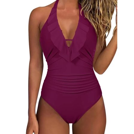 Ettdelt Badedrakt for Kvinner med Rufsjet Åpen Rygg Mote Ny Bordeaux
