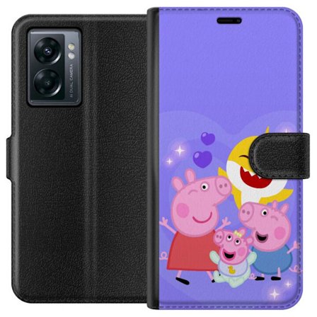 Kompatibel Tegnebogsetui til OnePlus Nord N300 Peppa Gris mønster med hjerter, sommerfugle og venner, lyserød baggrund i bløde børneillustrationer