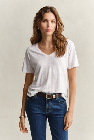 GANT Damen Leinen T-Shirt mit V-Ausschnitt (M) Weiß