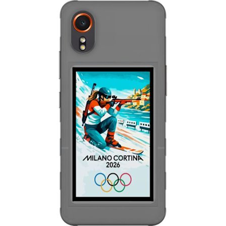 Yhteensopiva Puhelinkuori Samsung Galaxy Xcover7 Retrojuliste Cortina Milano 2026 vuorilla, talviurheilijoilla, italiankoloreilla, Milanon tuomiokirko