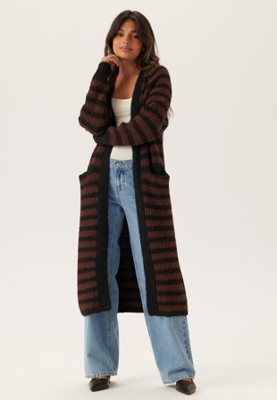 Object Collectors Item - Objmilu Ls Lo Long Knit Cardig - Black Stripes:Seal Brown - Kläder - - Bubbleroom