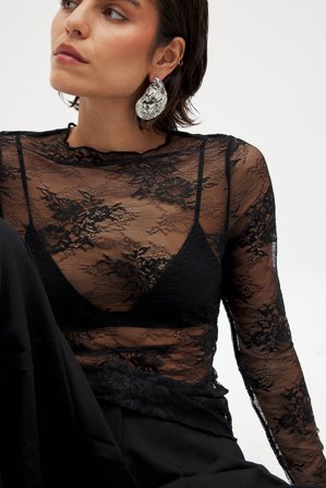 NA-KD Long Sleeve Lace Top - Nytårstøj - Sort - L (EU 42-44)