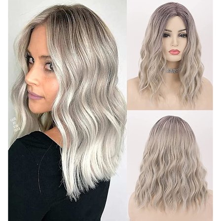 Ombre Platinum Med Mørke Røtter Løs Krøllete Syntetisk Hår Sølv Parykker For Kvinner