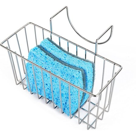 Vaskholder til køkkensvamp, opvaskekurv, opvaskestativ til børster og opvaskemiddel, sølv, lille (17,8 x 6,9 x 8,9 cm)