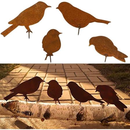 Ruosteisia lintuja ruuveilla - Pihan siluetti-koriste, ruostunut metalli, piha- ja puutarha-art, metalliset linnut, lintukoristeet, patio, piha, 