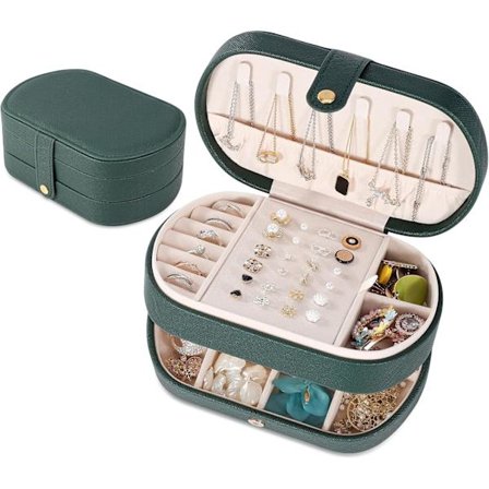 Rejse Smykkeæske til Kvinder og Piger (Grøn), 3-lags Ultra Praktisk Smykkeæske til Ringe, Halskæder, Øreringe