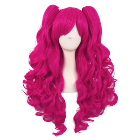 60 cm Lolita Lang Krøllete 2 Hestehaler Clip på Cosplay Parykk (Hot Pink)