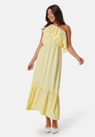 John Zack One Shoulder Ruffle Maxi Dress Light Yellow Klær