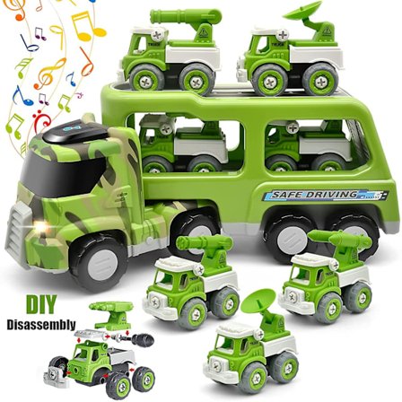 Leker for 1 2 3 4 5 6 år gammel gutt, jule- og bursdagsgaver til barn gutter, DIY 5 i 1 militær lastebil leke med musikk og lys, småbarnsleker alder 2