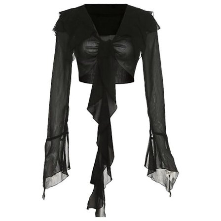 Dame Tie Front Bell Lange Ærmer Bluse Gennemsigtig Mesh Crop Top, Ensfarvet Lange Ærmer, Sort LGL