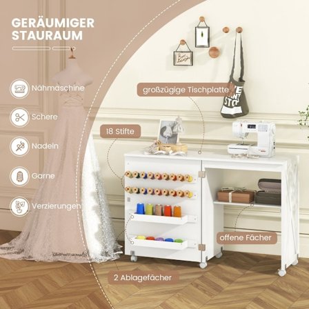 Taittuva ompelu- ja askartelupöytä säilytystilalla, valkoinen