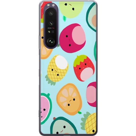 Yhteensopiva Puhelinkuori Sony Xperia 1 III Kawaii-hedelmien kuvioita, kuten mansikkaa, sitruunaa, ananasta ja avokadoa vaaleansinisellä taustalla