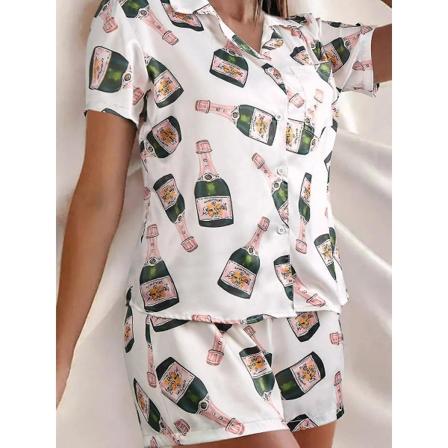 Champagne Flaskor Knapp Pyjamas Set Kvinnor Tryckta Korta Ärmar 2 Delar Mjuk Lös Casual Nattkläder TA M