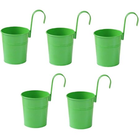 5 st hängande blomkrukor i metall järn hink planter kruka metall hink blomhållare med krok inomhus utomhus dekor (grön)
