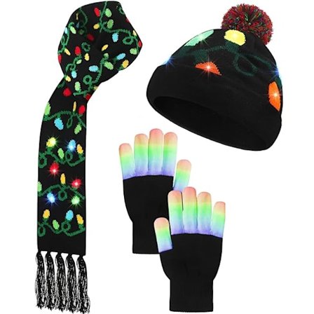 4 stk. LED Lysende Julemandshue, Halstørklæde og Handsker til Børn