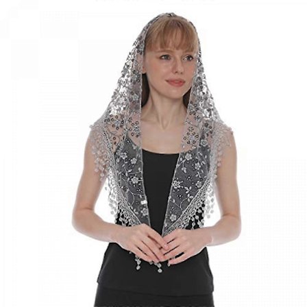 Brude Slør i Trekantform med Blonder, Tulle Sjal Dekkende Kirke Slør for Messe Bryllup Brudepiker, Grå-svart