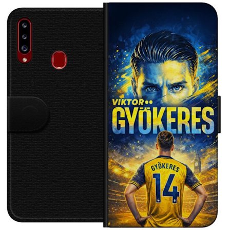 Kompatibelt Lommeboketui til Samsung Samsung Galaxy A20s Viktor Gyökeres fotballplakat i gult og blått med dramatisk stadionbakgrunn, sportillustras