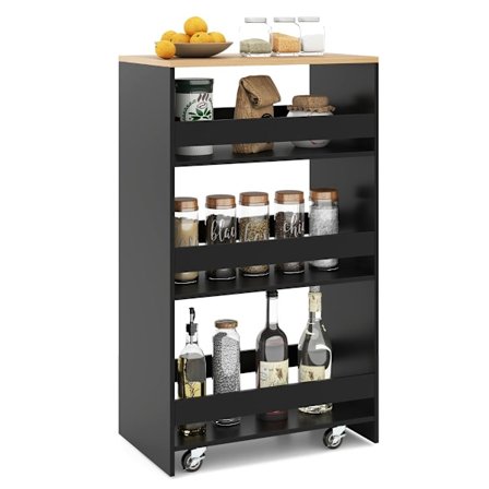 Slank 4-etagers køkkenvogn med håndtag og skinner, sort