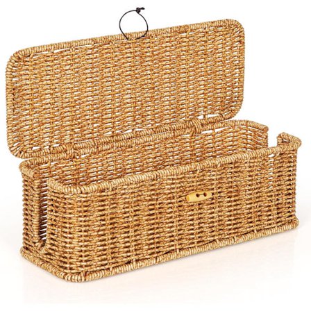 Johdonpiilotuslaatikko työpöydälle ja kotiin, rottinkijäljitelmä kaapelihallinnan järjestäjä saranoidulla kannella ja hihnalukolla, koristeellinen 