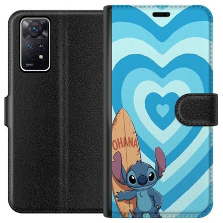Kompatibel Tegnebogsetui til Xiaomi Redmi Note 11 Pro 5G Sjov tegneserieillustration af Stitch med surfbræt og blå hjerter