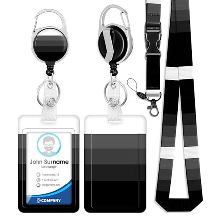 Indtrækkelig snor til kortholder (sort farveblok), indtrækkelig snor til ID- og badgesholdere til skrivebord, nøgler, mobiltelefoner, buskort osv.