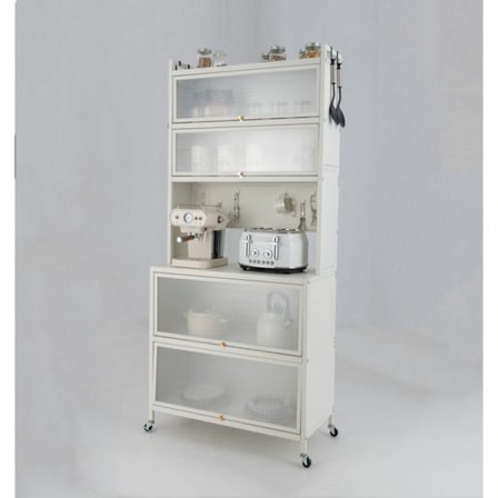 COSTWAY Buffet i Køkken med Hjul, 6 Niveaus, Arbejdsflade til Mikrobølgeovn, Lukkede Døre, Krog, Justerbare Fødder, Hvid