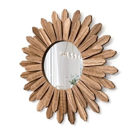 Rundt vægspejl med træramme og elegant design