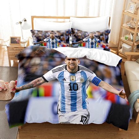 Lionel Messi Trykk Sengetøy Fotball Superstjerne Dynetrekk med Glidelås Lukking Myk Mikrofiber Dynetrekk Tre-delt Sett