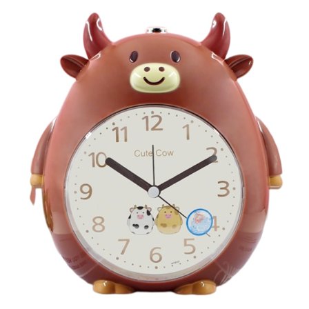 Barnklocka, söt tecknad ko väckarklocka nattlampa, sovrums skrivbordsklocka, present till studenter och barn (brun)