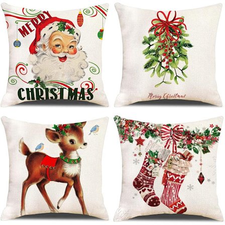 Sett med 4 putetrekk Jule Retro Sokk Sika Hjortedesign Dekorative Sofaputetrekk Dekorasjon for Soverom, Sofa