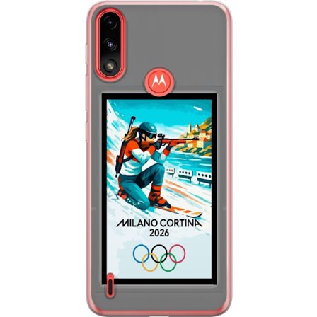 Kompatibelt Mobildeksel til Motorola Moto E7 Power Retroplakat Cortina Milano 2026 med fjell, vintersportsutøvere, italienske trikolor, Milano-katedra