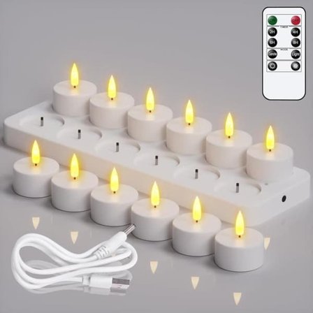 12 stk. genopladelige LED fyrfadslys uden flamme – med fjernbetjening og timer, batteridrevne lys til Halloween og festdekoration