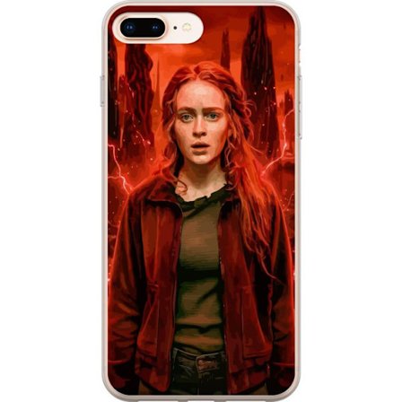 Kompatibelt Mobilskal till Apple Apple iPhone 8 Plus Porträtt av en ung kvinna med rött hår i en apokalyptisk landskap, röda blixtar och mörka kl